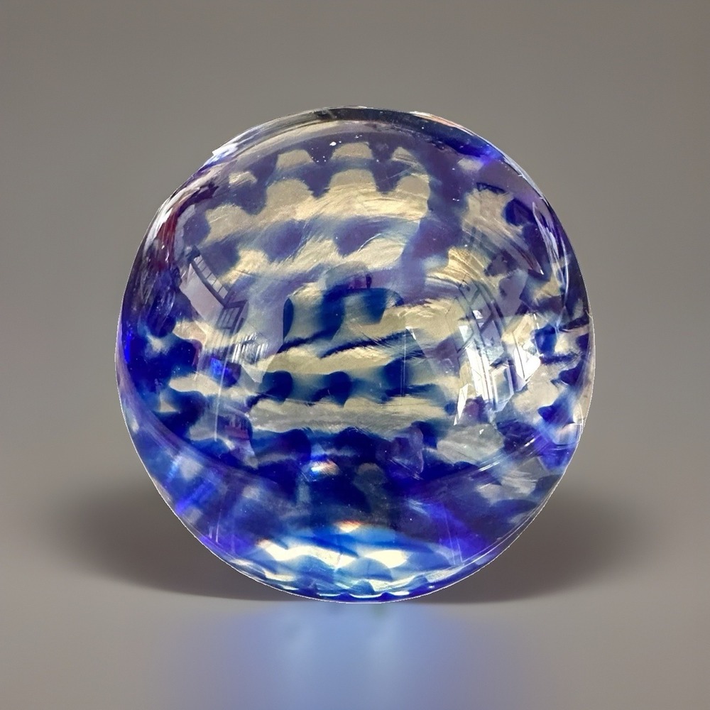 Vintage Hand Blown Art Glass Paperweight Cobalt Blue Pattern In Clear Glass 2"